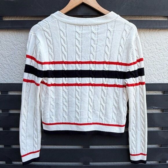 Mango MNG Striped Plait-Knitted Cardigan in Ecru | Size Small - Picture 5 of 7